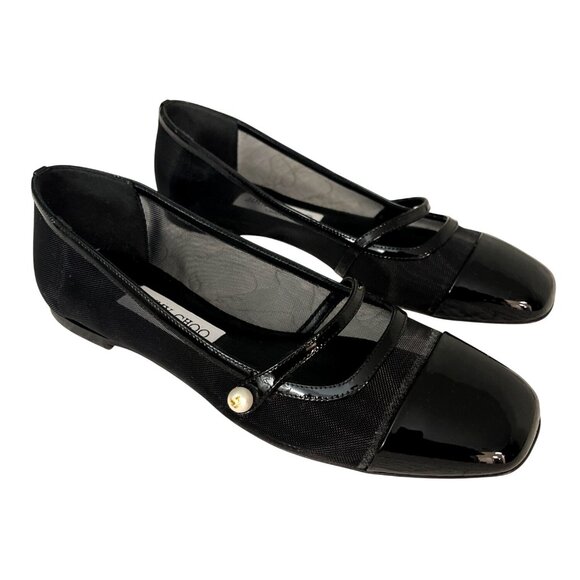 Jimmy Choo Shoes - Jimmy Choo Sz 37.5 7.5 Elisa Black Mesh Pearl Mary Jane Flat Shoes NEW